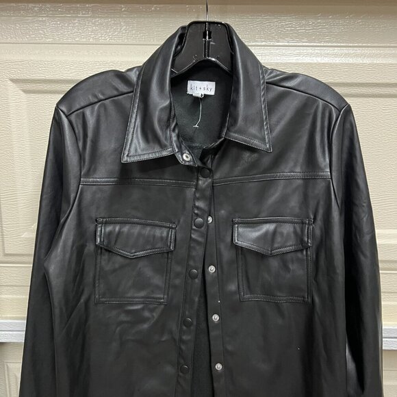 Kit & Sky Faux-Leather Shacket Mini Dress Large in Black - Picture 4 of 11